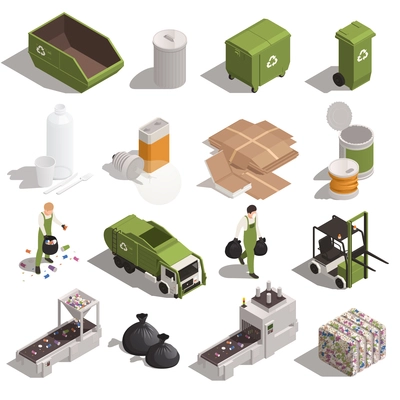 Garbage recycling color set of pressed waste container tank truck conveyor isometric icons isolated vector illustration