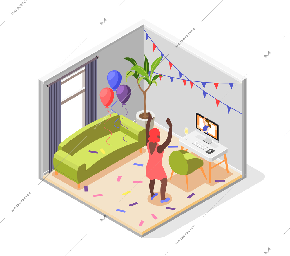 Remote quarantine party isometric composition with virtual celebration symbols vector illustration