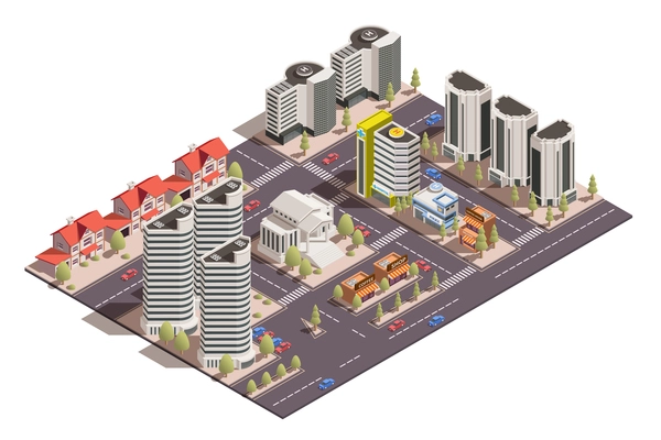 Isometric composition with 3d view of modern city streets on white background vector illustration