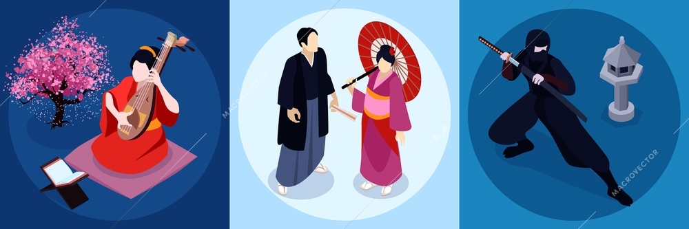 Isometric japan design concept set with japanese music traditional clothing and martial arts vector illustration