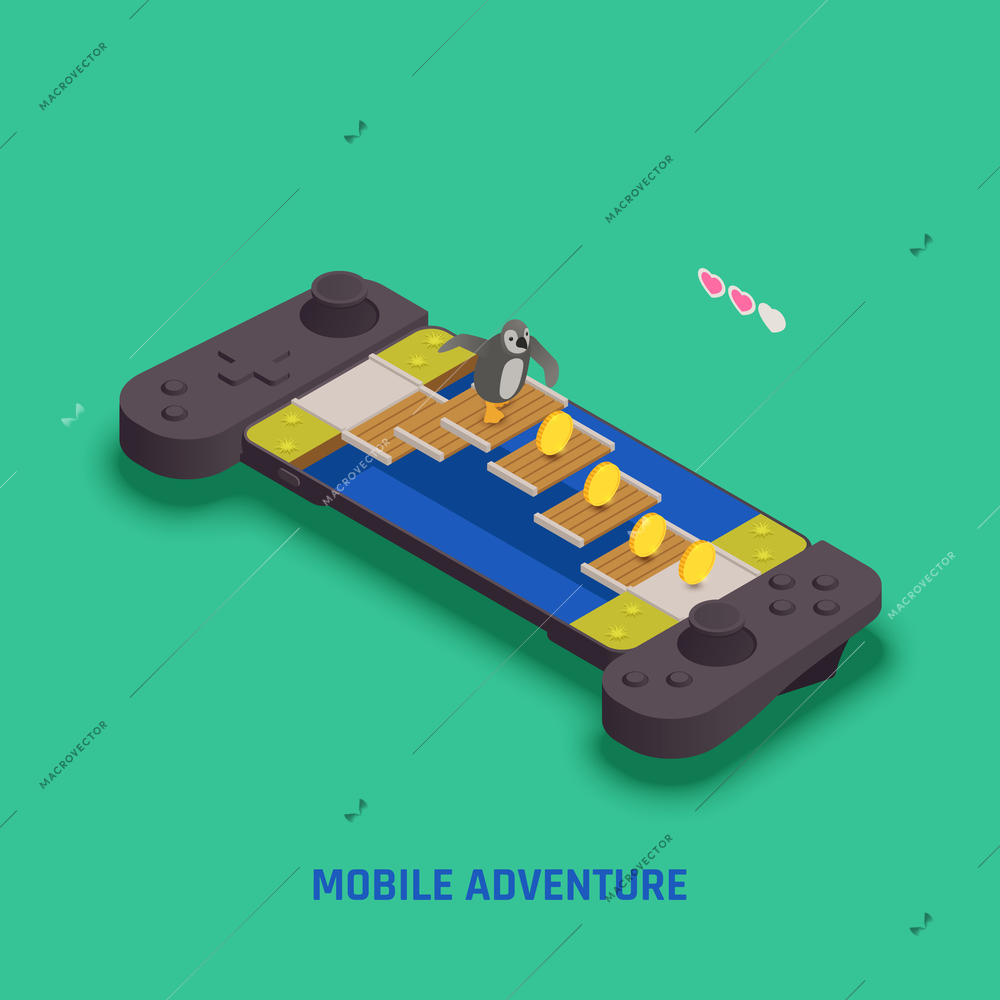 Mobile pc adventure strategy games isometric composition with penguin on screen collecting coins earning points vector illustration
