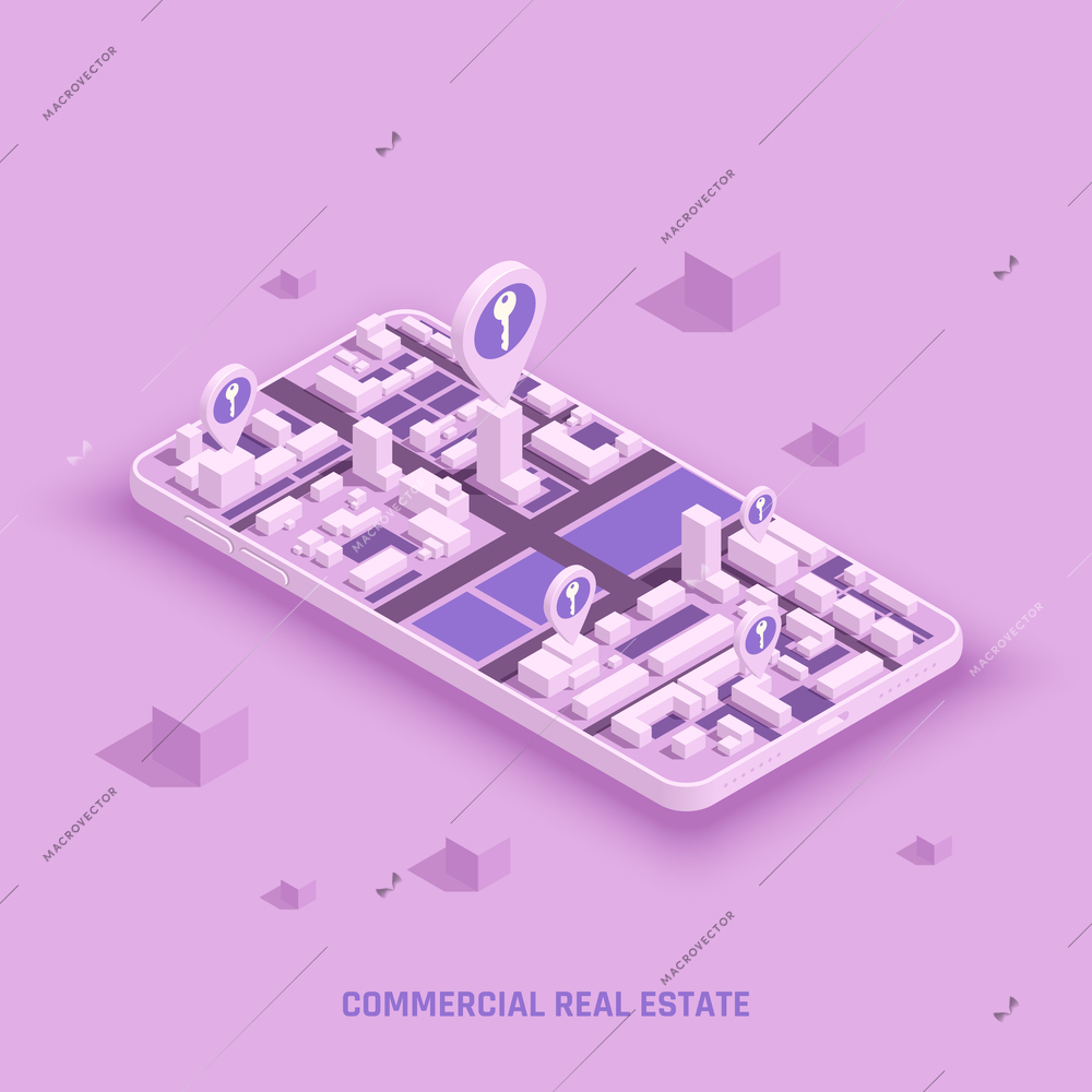 Sell buy rent commercial real estate apartment house office building isometric composition on smartphone screen vector illustration