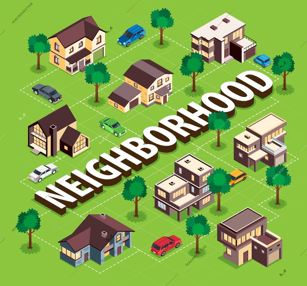 Modern suburb neighborhood cottages houses private space car accommodation trees community garden background isometric flowchart vector illustration