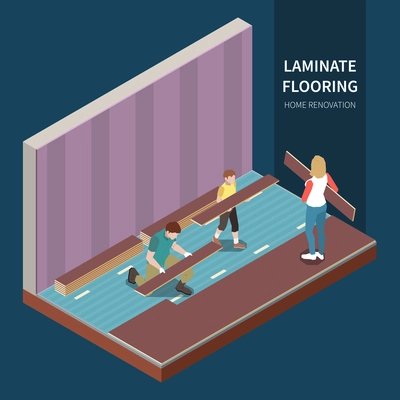 Three people doing home renovation installing new laminate flooring isometric vector illustration