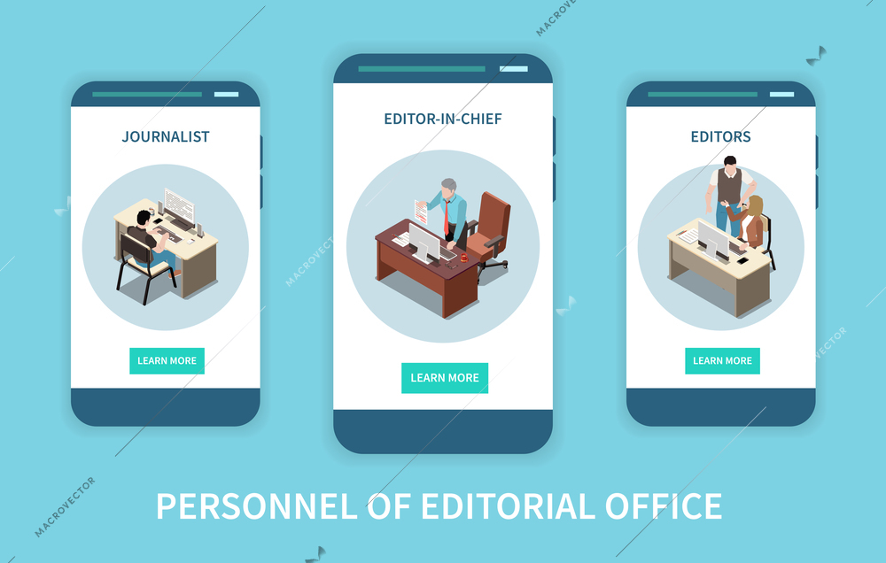 Personnel of editorial office with journalist and editor characters isometric vertical banners isolated vector illustration