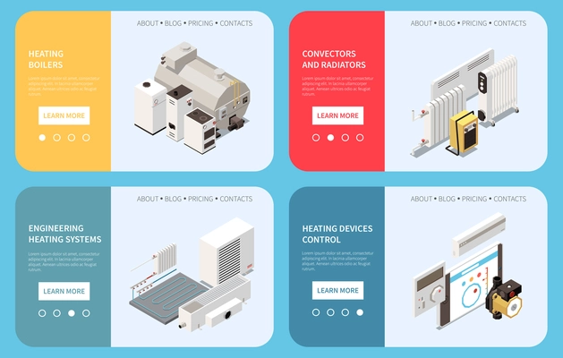 Horizontal banners set with isometric boiler radiator convector and control of heating system devices isolated vector illustration