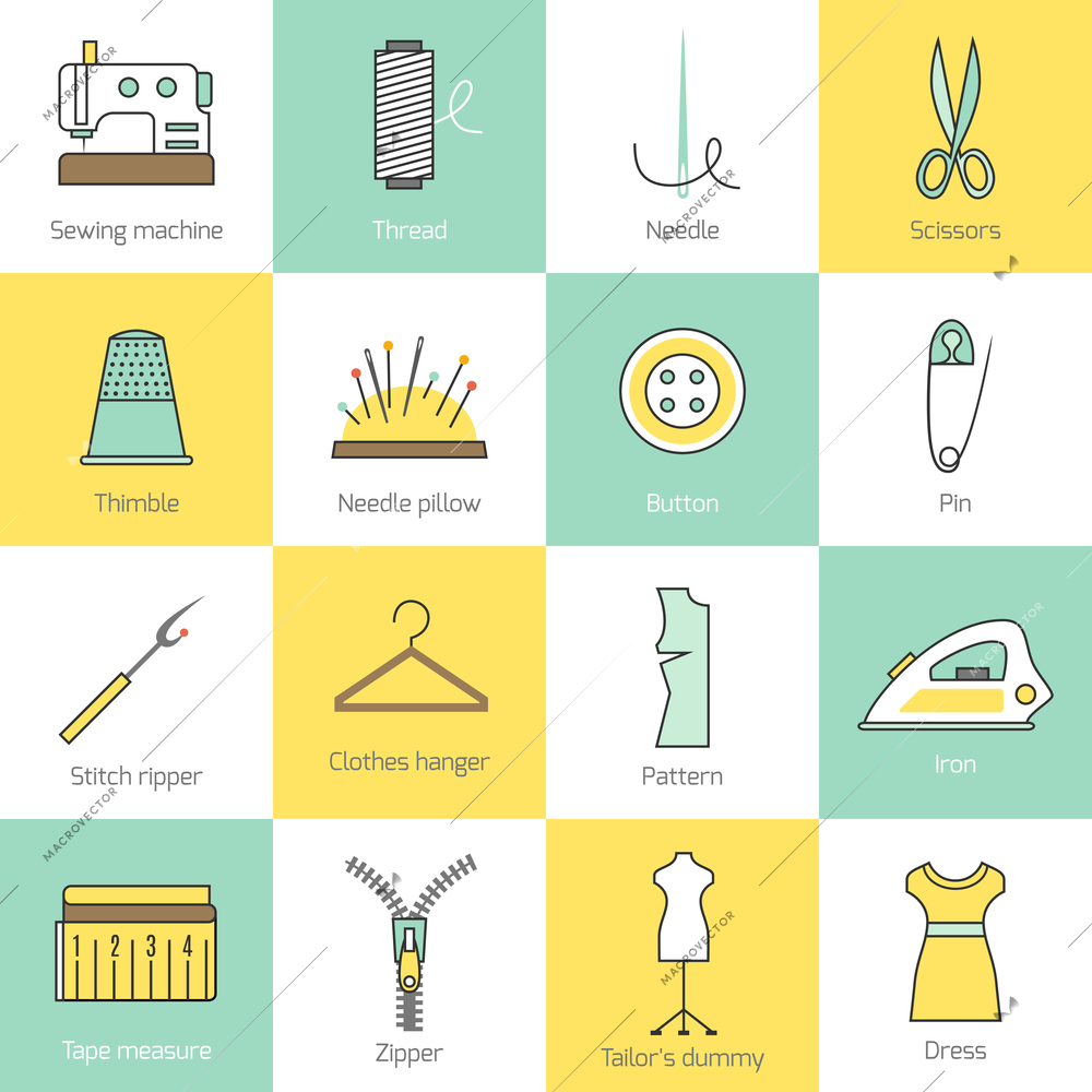 Sewing equipment and tailor needlework accessories flat line icons set with needle thread button zipper isolated vector illustration