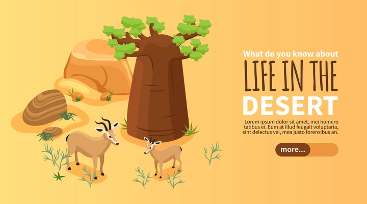Isometric banner with desert landscape and two gazelles on yellow background 3d vector illustration
