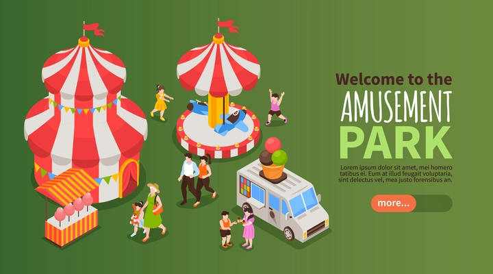 Welcome to amusement park horizontal banner with carousel ice cream truck stall with candy floss circus happy people isometric vector illustration