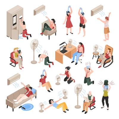 People using air conditioner fan pouring cold water on themselves in hot weather at home and in office isometric icons set isolated vector illustration