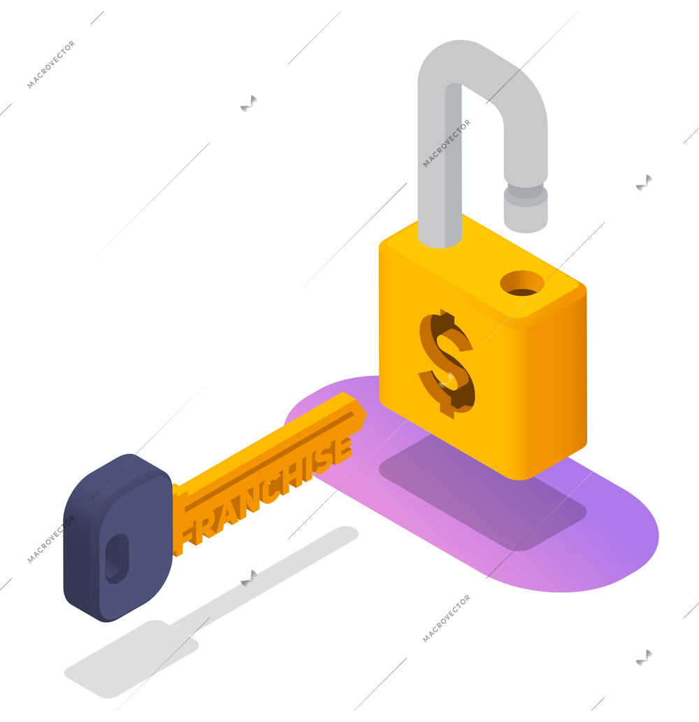 Franchise isometric concept with lock and key symbols vector illustration