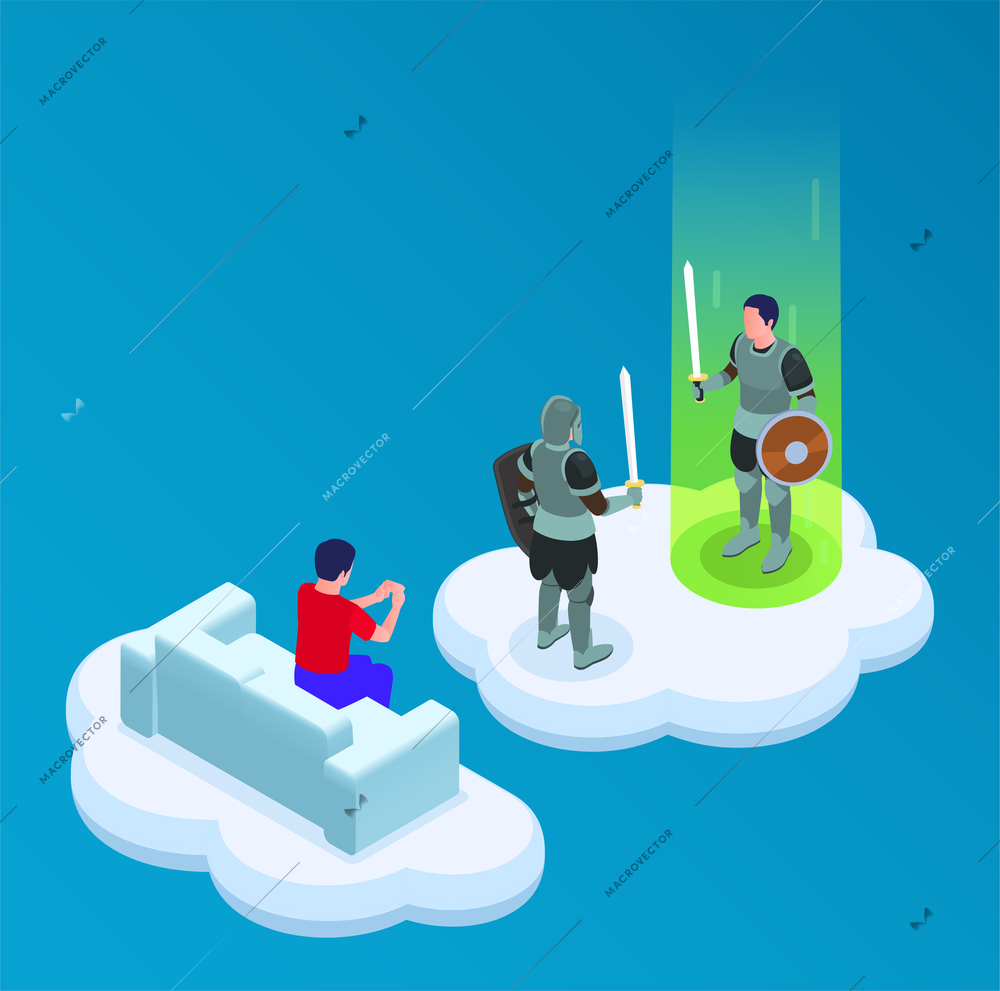 Cloud gaming isometric concept with adventure and battle symbols vector illustration