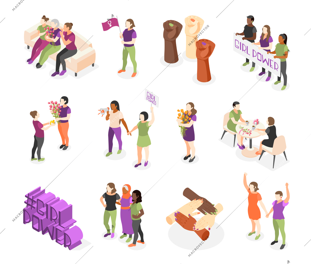 International womens day isometric set of recolor icons and isolated female characters with placards and flags vector illustration