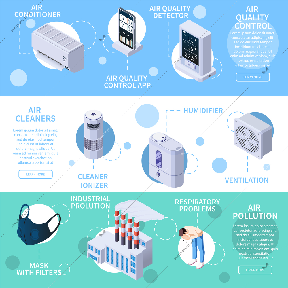 Set of three horizontal air purification quality control isometric banners with icons of electronic cleaning devices vector illustration