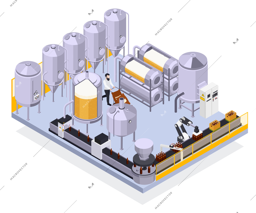 Brewery beer production isometric composition with view of industrual facilities automated line with bottles and worker vector illustration