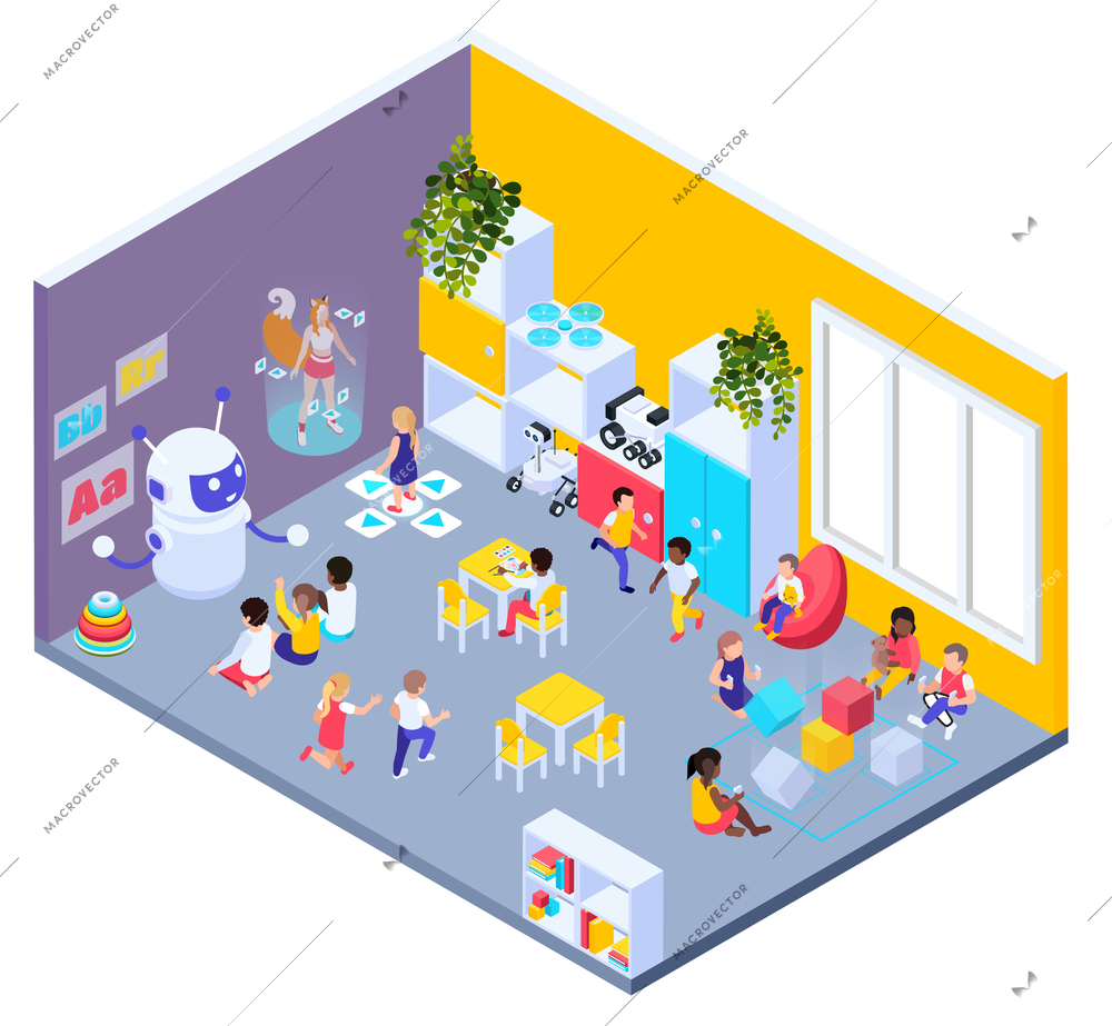 Modern futuristic playground isometric composition with view of kindergarten room with kids and robot nursery teachers vector illustration