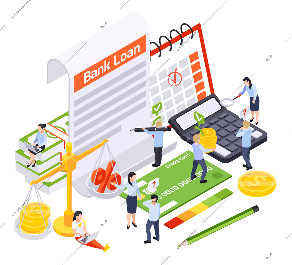 Bank loan isometric composition with icons of contract and credit card with stationery items and people vector illustration