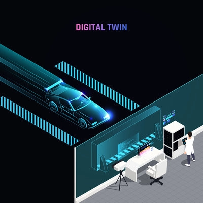 Digital twin technology racing car simulation test maximizes performance analyzing aerodynamics strategy configuration data isometric vector illustration