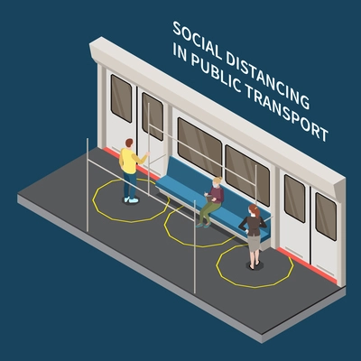 Social distancing isometric composition with editable text and view of train cabin with distanced passengers characters vector illustration