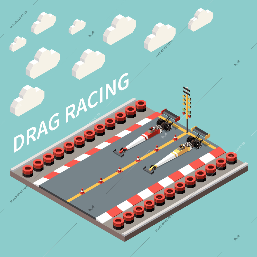 Car race isometric composition with text tyre lines and long high speed cars standing on track vector illustration