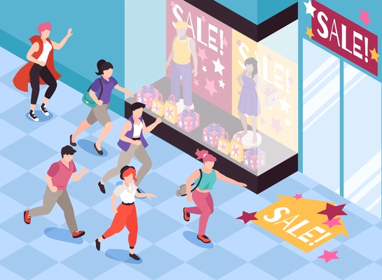 People running for sale background with special offer symbols isometric vector illustration