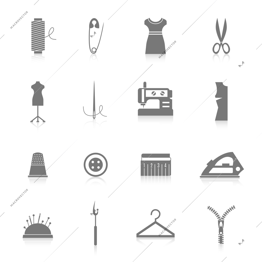 Sewing equipment and tailor accessories icons set with needle thread iron zipper black isolated vector illustration