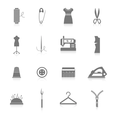 Sewing equipment and tailor accessories icons set with needle thread iron zipper black isolated vector illustration