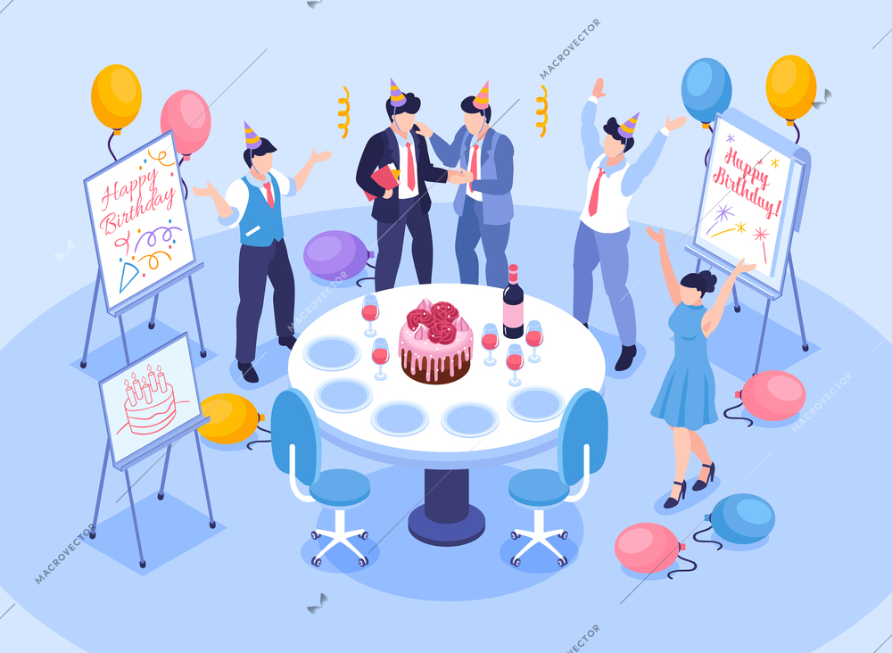 Birthday office congratulation concept with celebration at work symbols isometric vector illustration