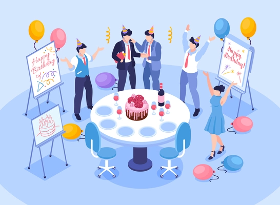 Birthday office congratulation concept with celebration at work symbols isometric vector illustration