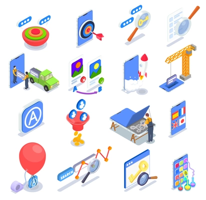 Application store optimization isometric set with 3d search growth design development profit icons isolated vector illustration