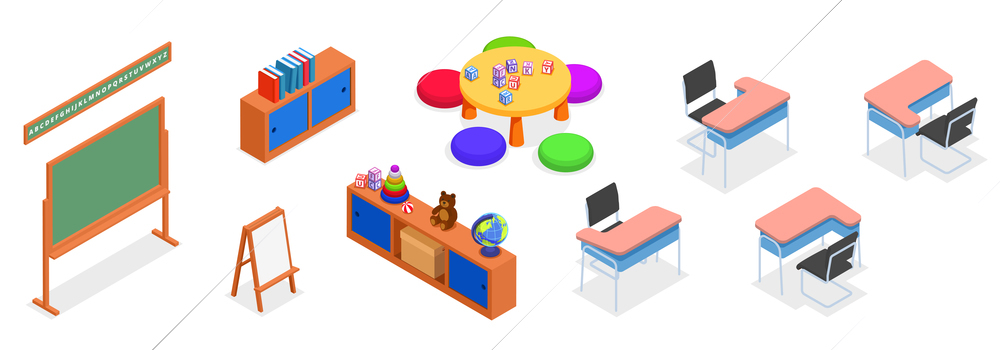 Isometric set of furniture items for school or kindergarten with board desk cabinet toys globe isolated on white background vector illustration