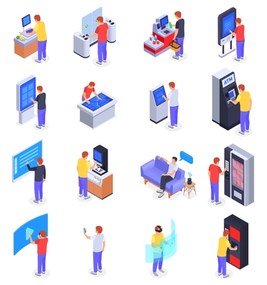 Isometric interfaces icons set with people using self checkout turnstile virtual screen atm smart speaker isolated vector illustration
