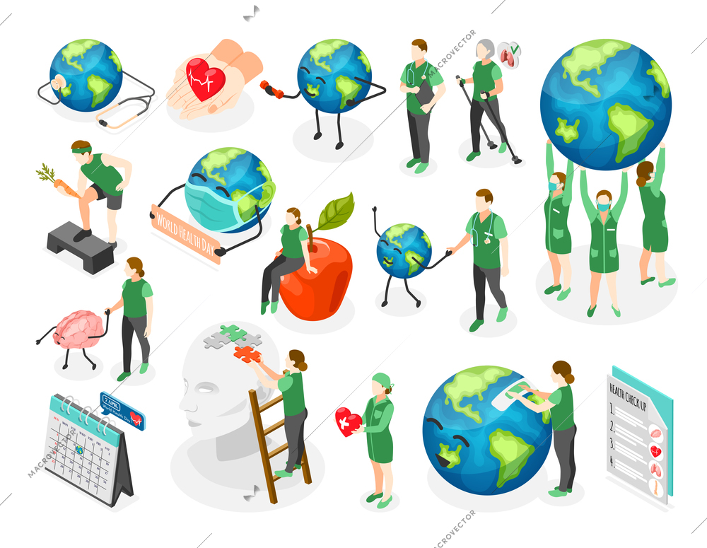 Isometric world health day icons with people doing sport doctors caring for planet earth and body isolated vector illustration