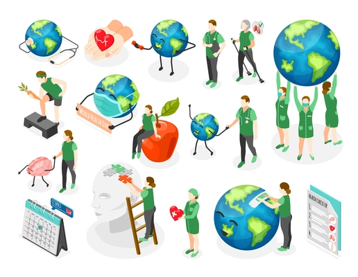 Isometric world health day icons with people doing sport doctors caring for planet earth and body isolated vector illustration