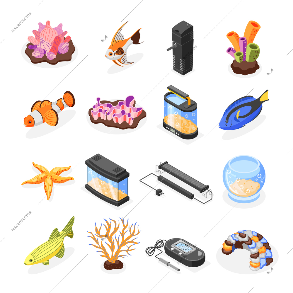 Aquarium equipment fish starfish corals isometric icons set isolated vector illustration