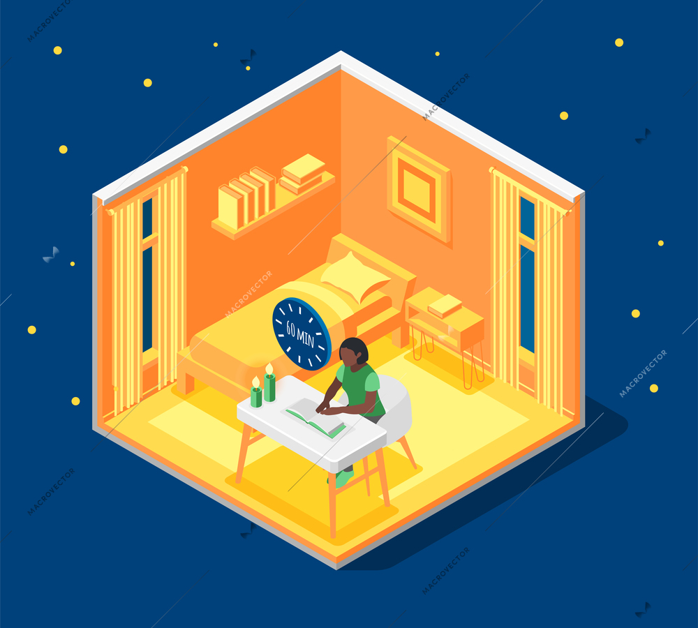Earth hour isometric composition with woman reading by candle light for 60 minutes 3d vector illustration