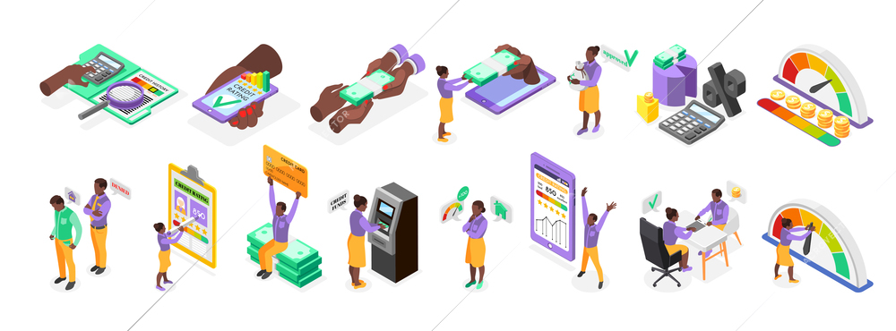 Credit score isometric set with banking icons and people taking out loan 3d isolated vector illustration