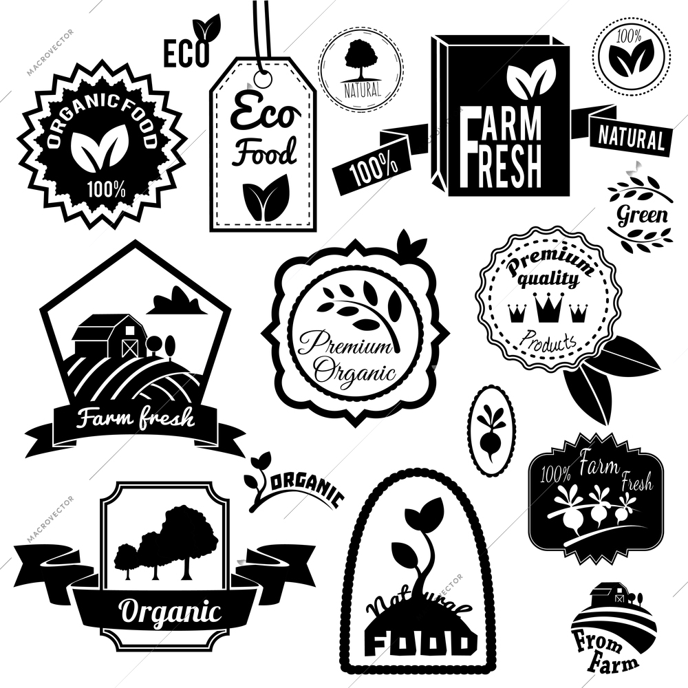 Eco farm fresh organic food agriculture black labels set isolated vector illustration