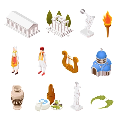 Greece culture food architecture landmarks parthenon acropolis temple pottery antique sculpture olympic flame isometric set vector illustration