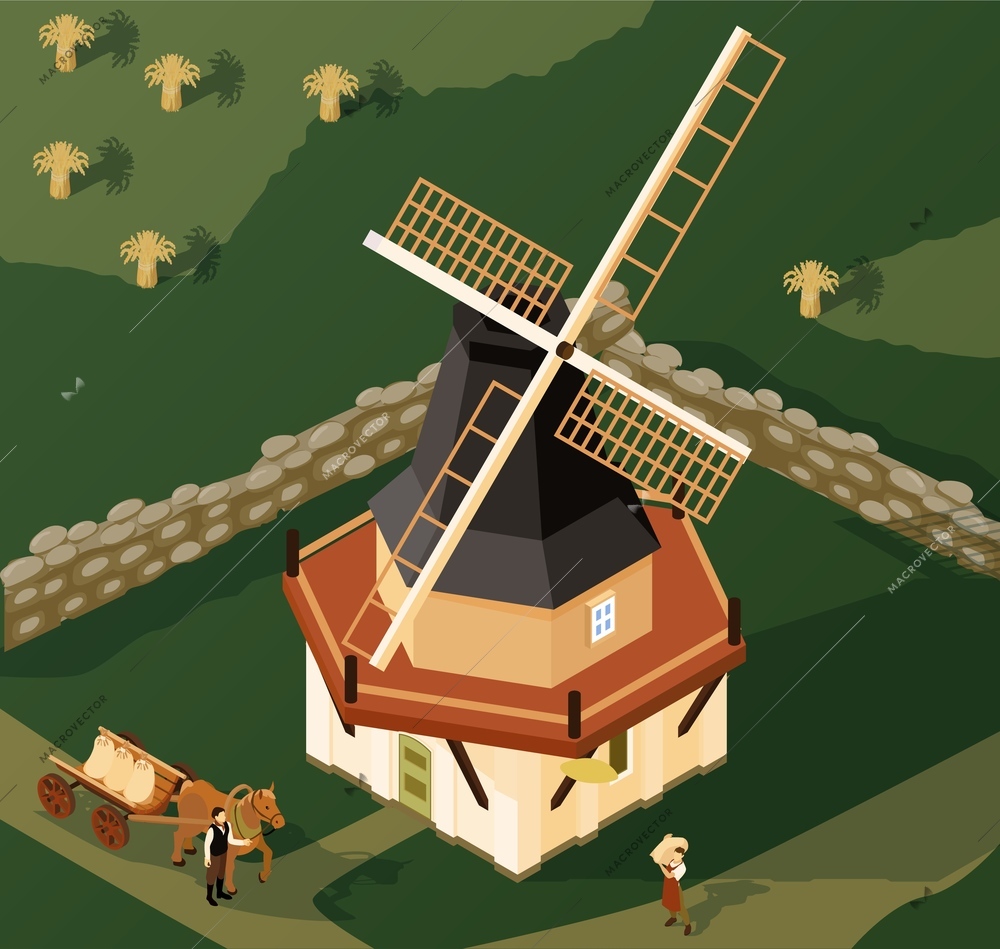 Smock mill in countryside isometric view with local farmer bringing wheat to windmill for grinding vector illustration