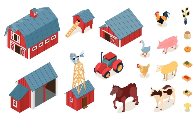 Farm elements isometric set with  chicken laying house stall barn tractor livestock animals pumpkin vegetables vector illustration