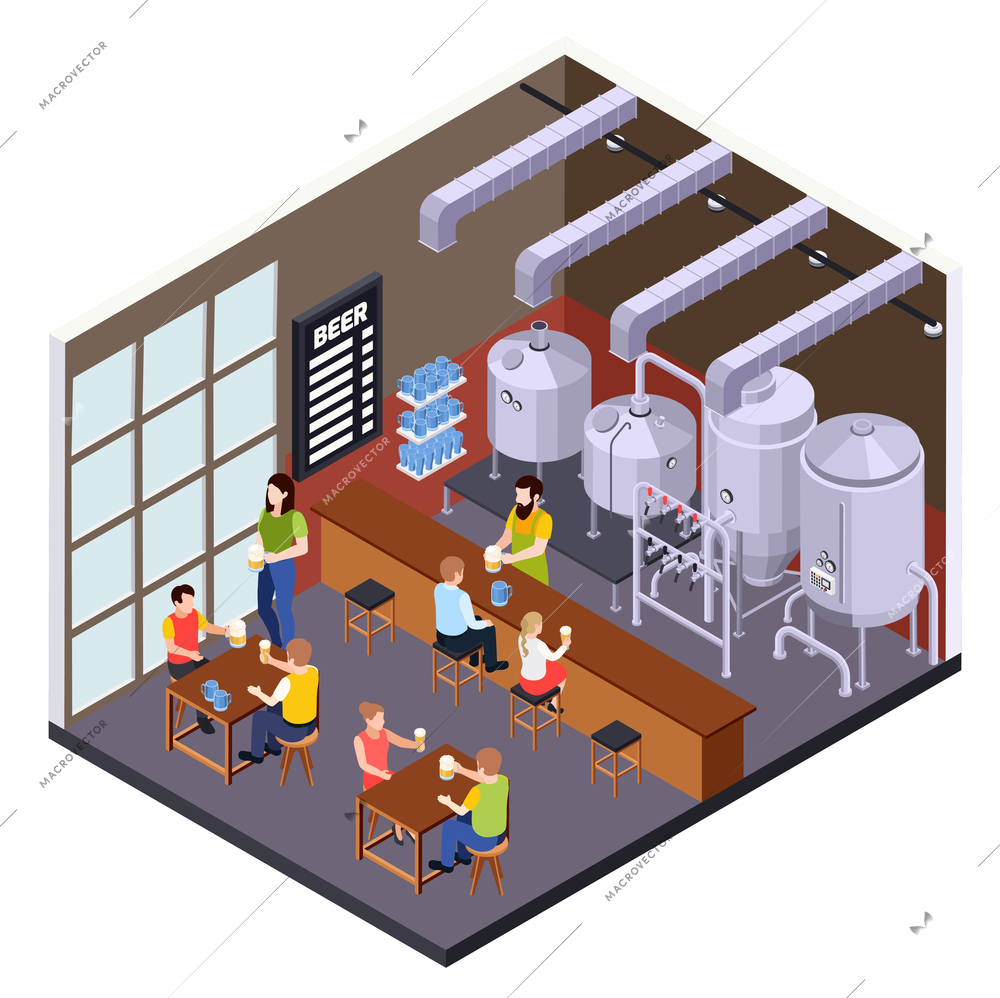 Brewery beer production isometric composition with brew pub scenery with visitor characters bar counter and jars vector illustration