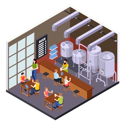 Brewery beer production isometric composition with brew pub scenery with visitor characters bar counter and jars vector illustration