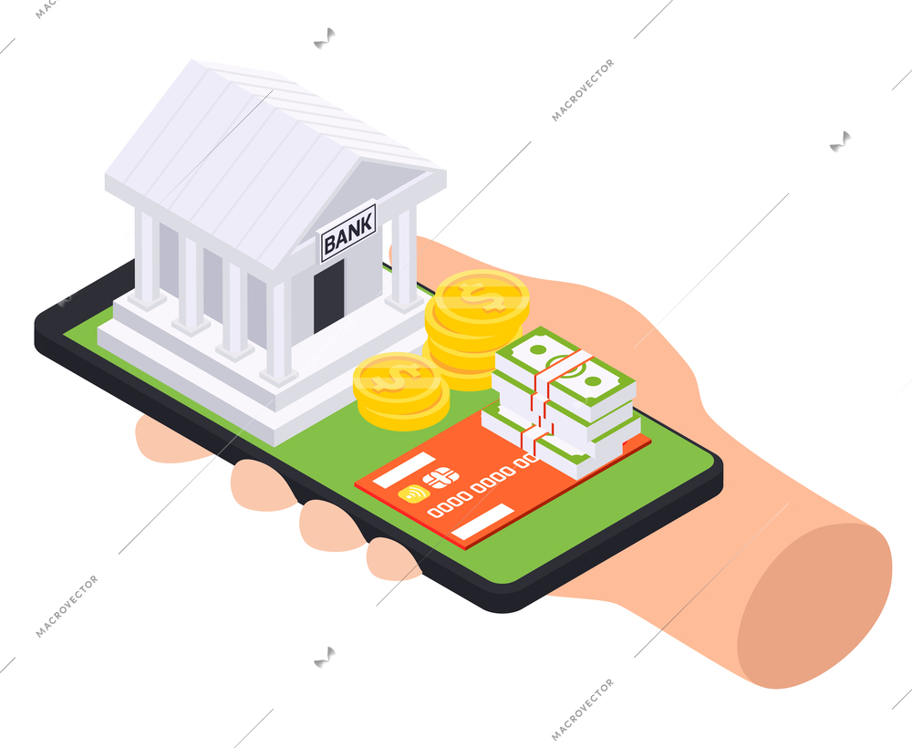 Bank loan isometric composition with human hand holding smartphone with bank building and money on top vector illustration