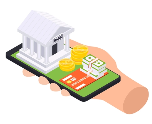 Bank loan isometric composition with human hand holding smartphone with bank building and money on top vector illustration