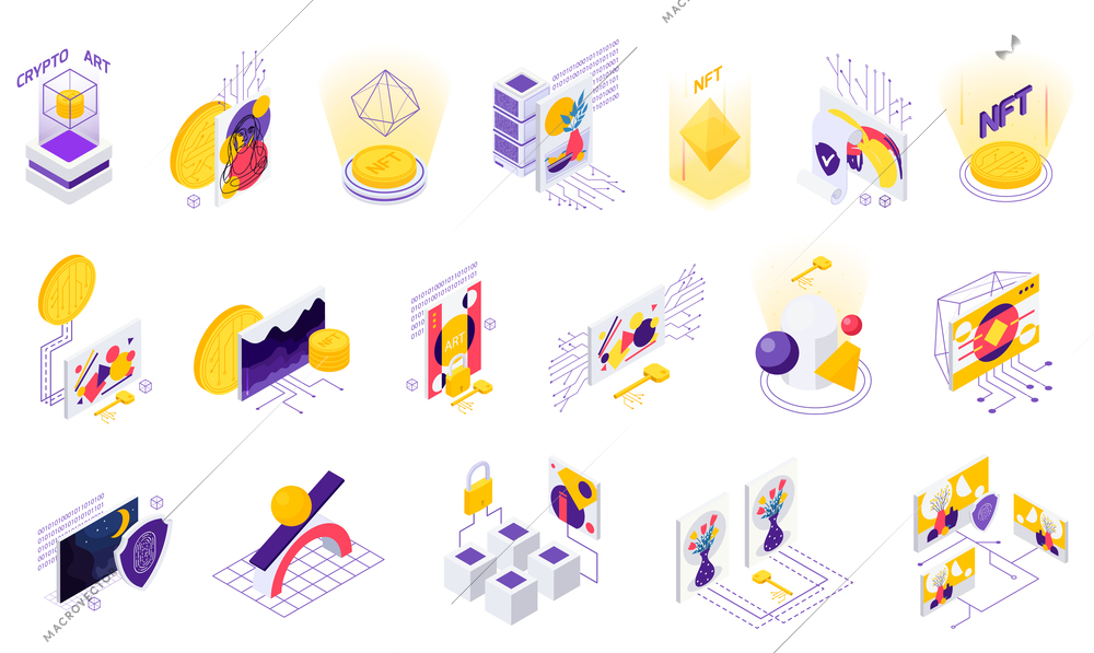 Cryptographic art crypto art nft isometric set of isolated icons with coins holographic figures and wires vector illustration