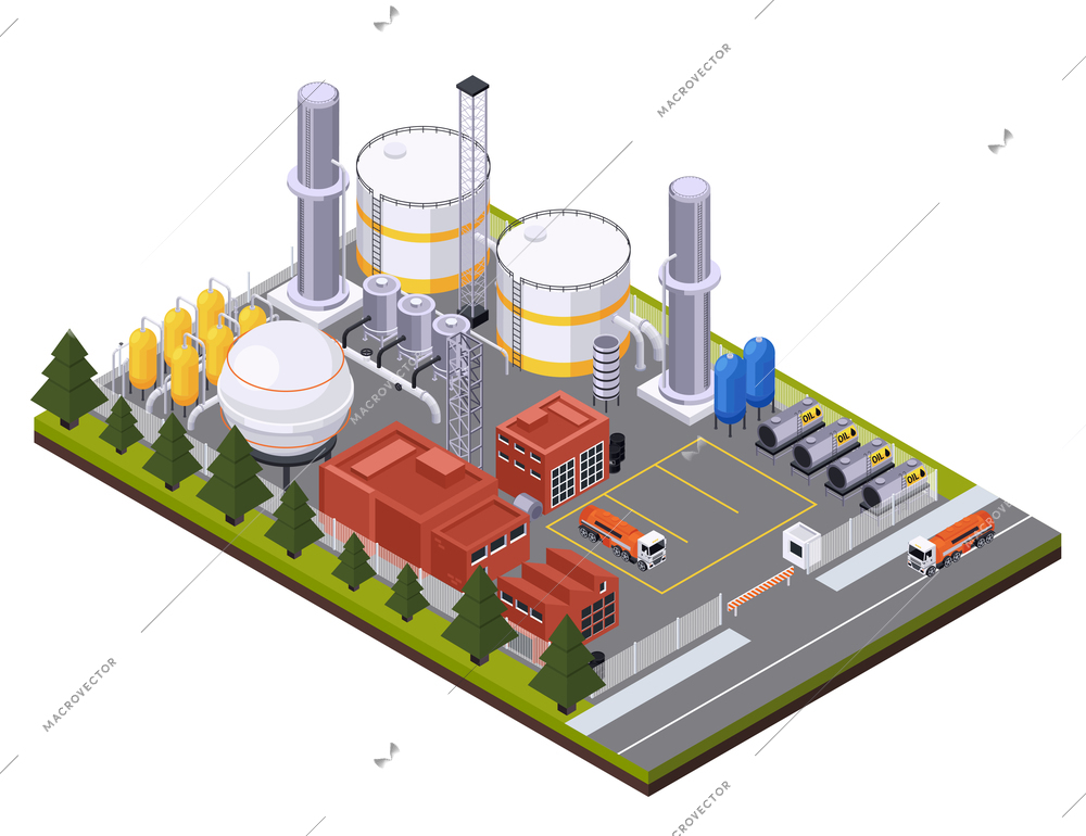 Oil petroleum industry isometric composition with view of factory area with cisterns trucks and oil tanks vector illustration