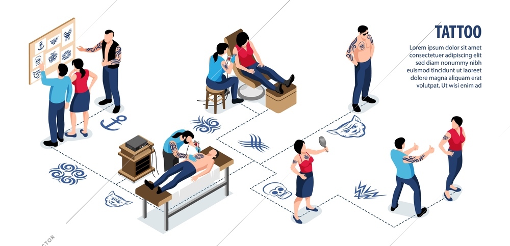 Tattoo isometric infographics with clients choosing design style and artists painting man and woman body with tattooing machine vector illustration