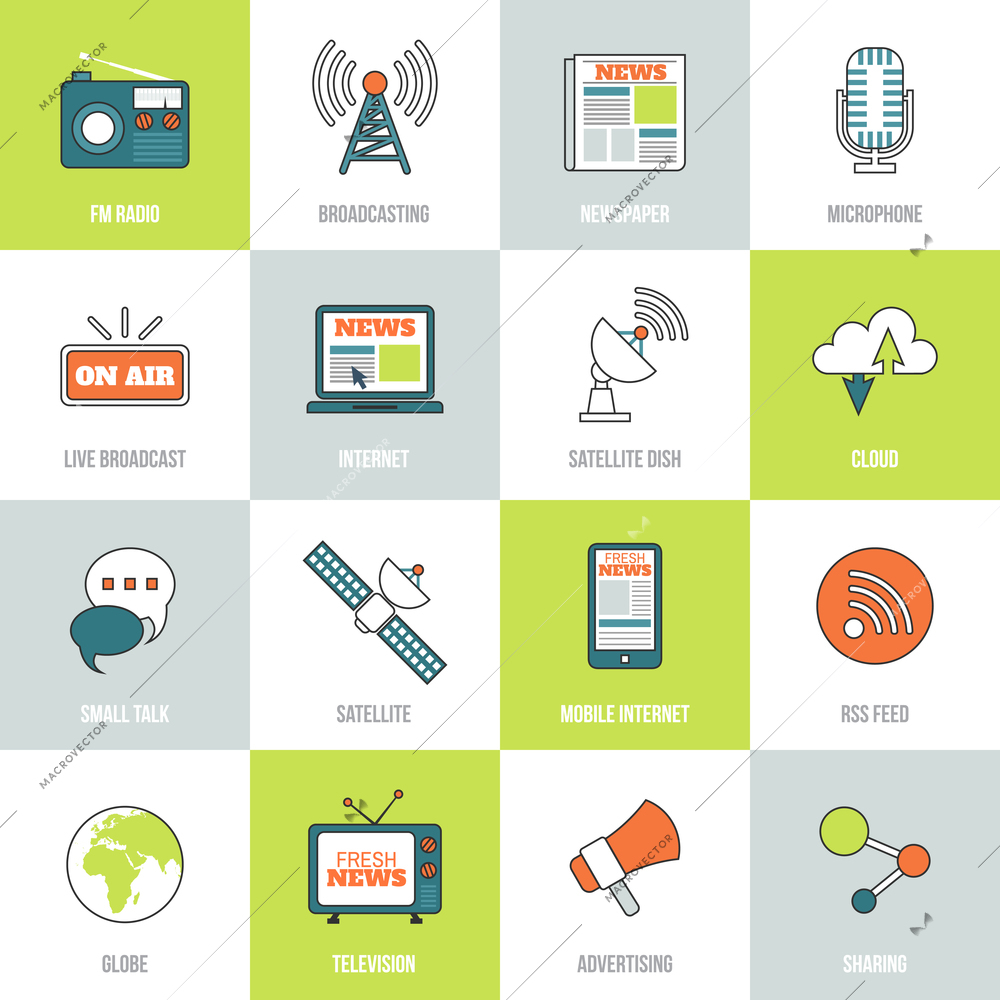 Media network communication technology line flat icons set with internet social chat and cloud isolated vector illustration