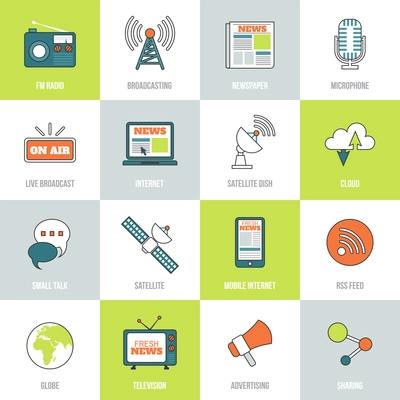 Media network communication technology line flat icons set with internet social chat and cloud isolated vector illustration